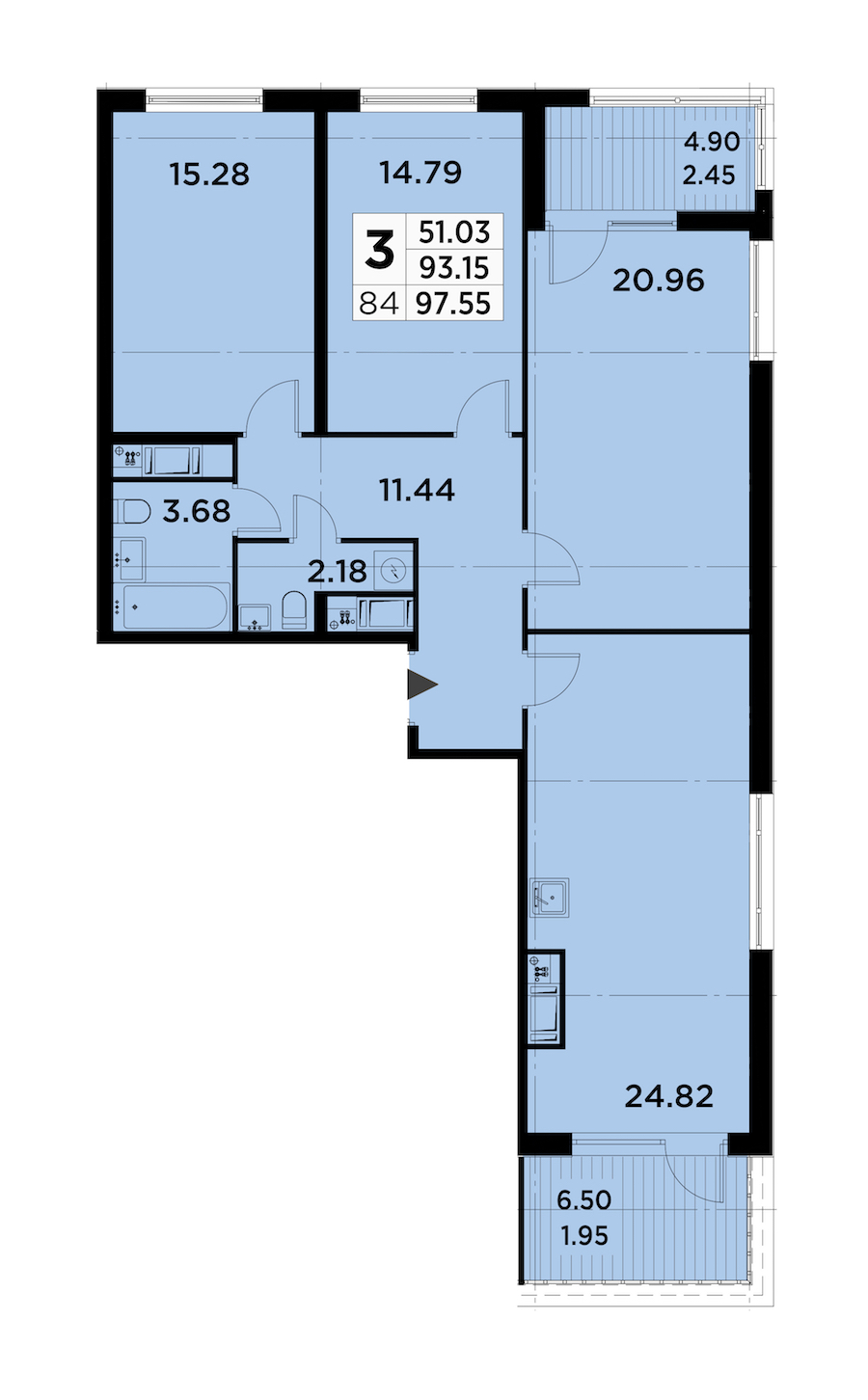 3-комнатная квартира 97.55 м², 14/14 эт., ЖК «GloraX City Zanevsky»